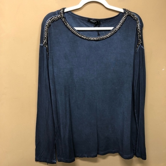 Max Jeans Blue long Dolman Sleeve Blouse Beaded Detail Size S Oversized NWT - Picture 1 of 5